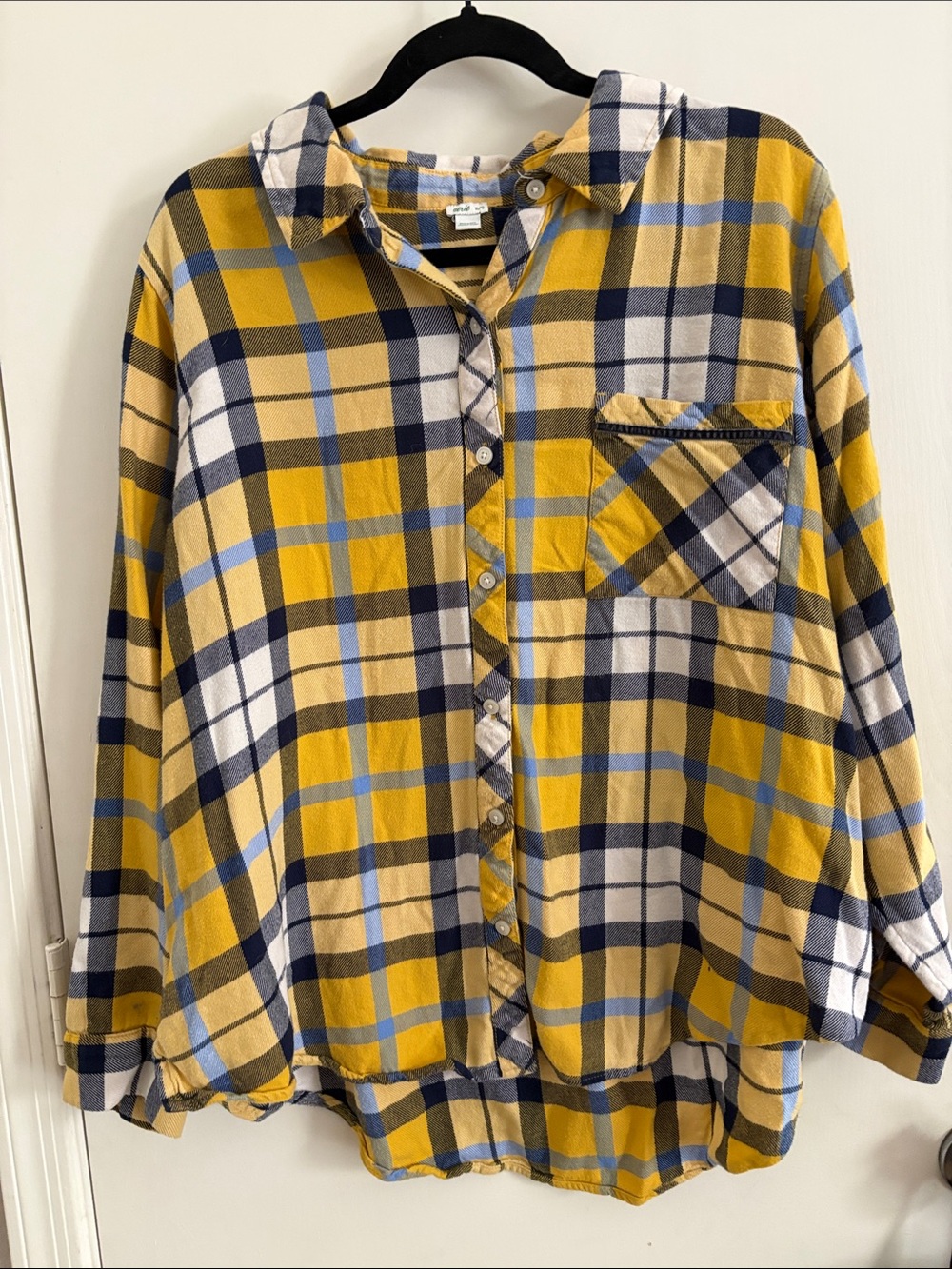 aerie Yellow and Navy Plaid Button-Down Shirt